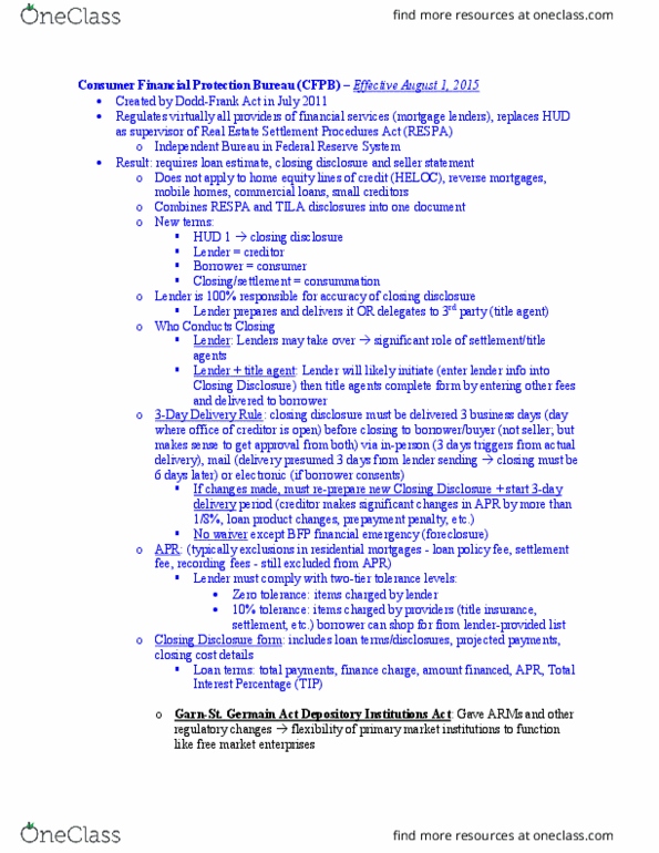 LAW 792 Lecture Notes - Lecture 38: Consumer Financial Protection Bureau, Real Estate Settlement Procedures Act, Federal Reserve System thumbnail