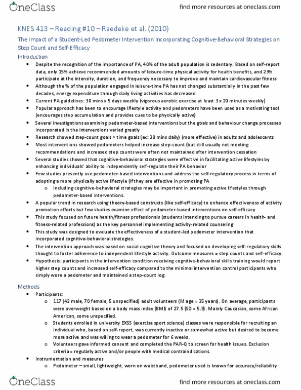 KNES 413 Chapter Notes - Chapter 10: Pedometer, Social Cognitive Theory, Analysis Of Variance thumbnail