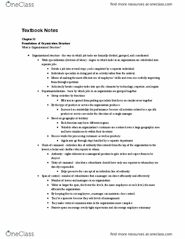 B A 350 Chapter Notes - Chapter 15: Departmentalization, Human Capital, Flat Organization thumbnail