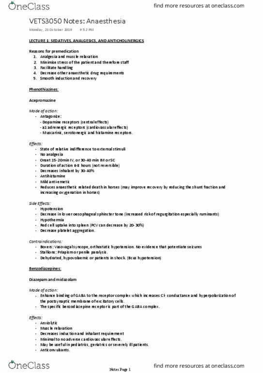 VETS3050 Lecture Notes - Lecture 3: Reflex Syncope, Midazolam, Acepromazine thumbnail
