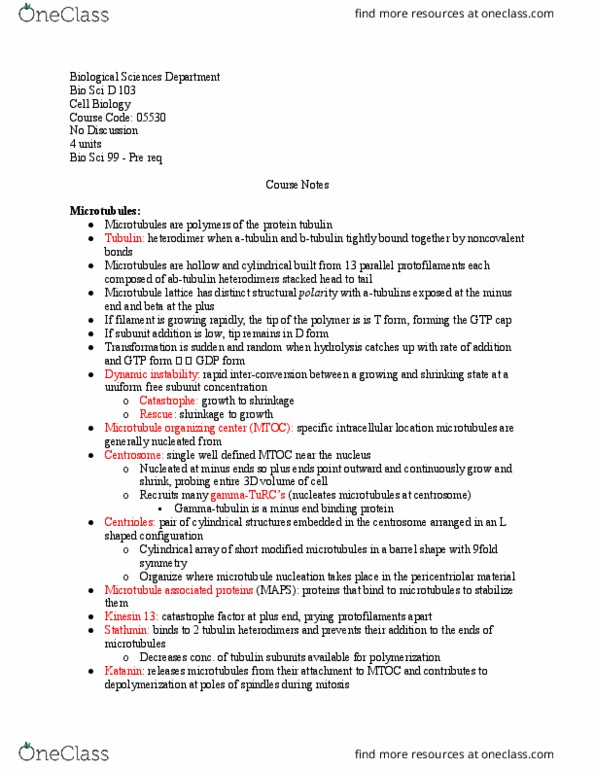 BIO SCI D103 Lecture Notes - Lecture 12: Microtubule Nucleation, Pericentriolar Material, Tubulin thumbnail