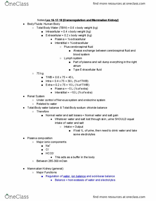 BIO310H5 Lecture Notes - Lecture 17: Extracellular Fluid, Horse Length, Urinary System thumbnail