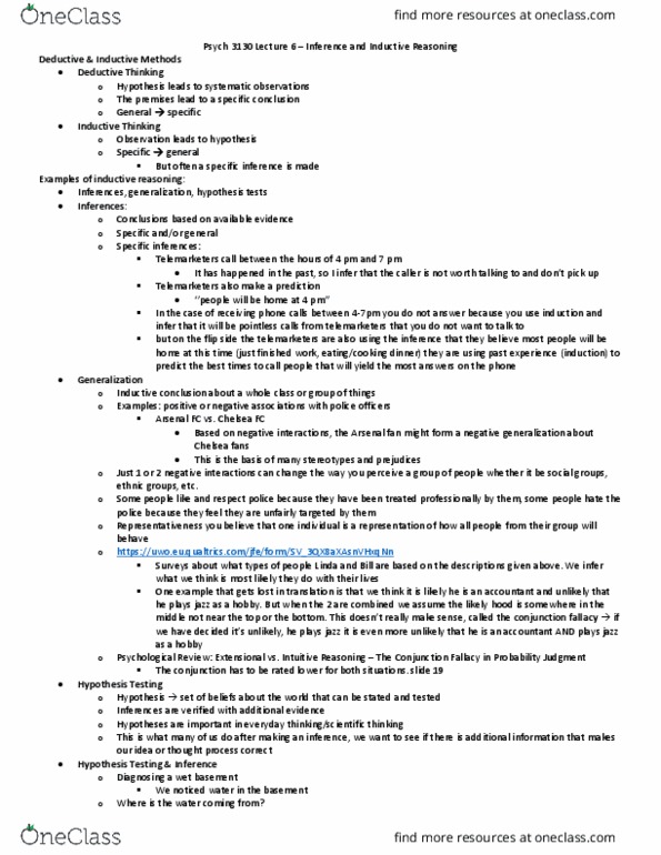 Psychology 3130A/B Lecture Notes - Lecture 6: Conjunction Fallacy, Psychological Review, Statistical Hypothesis Testing thumbnail