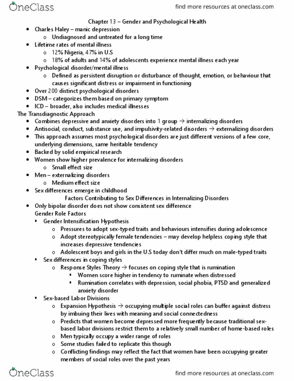Psychology 2074A/B Chapter Notes - Chapter 13: Generalized Anxiety Disorder, Externalizing Disorders, Bipolar Disorder thumbnail