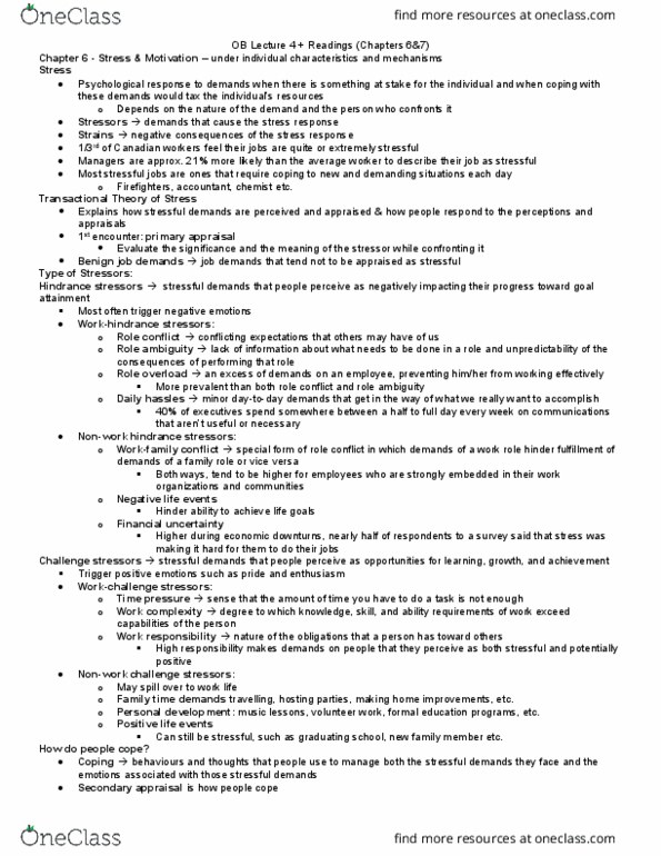 Management and Organizational Studies 2181A/B Chapter Notes - Chapter 6-7: Role Conflict, Stress Management, Hinder thumbnail