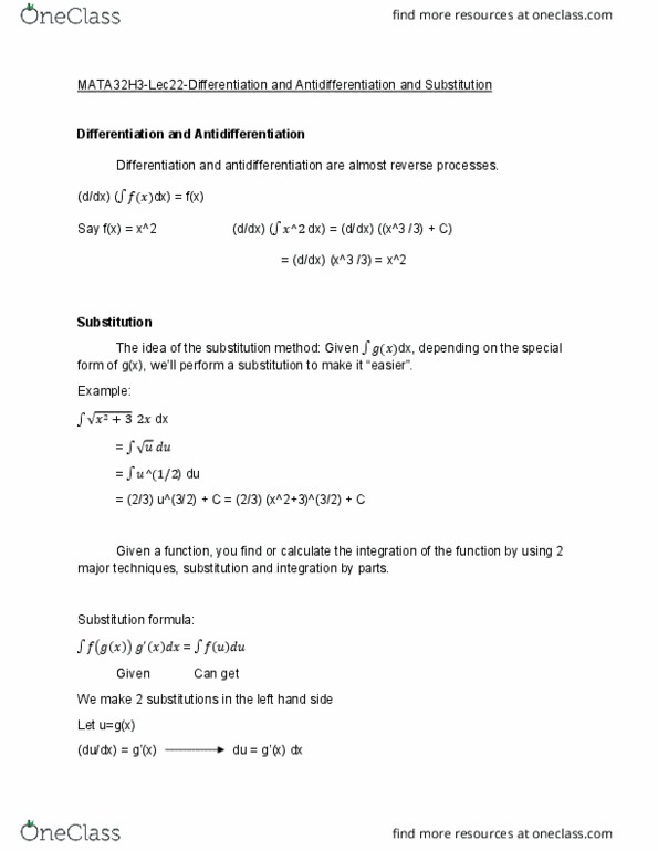 MATA32H3 Lecture Notes - Lecture 22: Antiderivative cover image