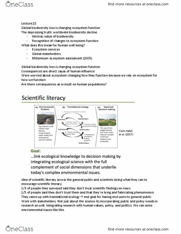 Biology 3445F Lecture Notes - Lecture 22: Millennium Ecosystem Assessment, Scientific Literacy, Ecosystem Services thumbnail