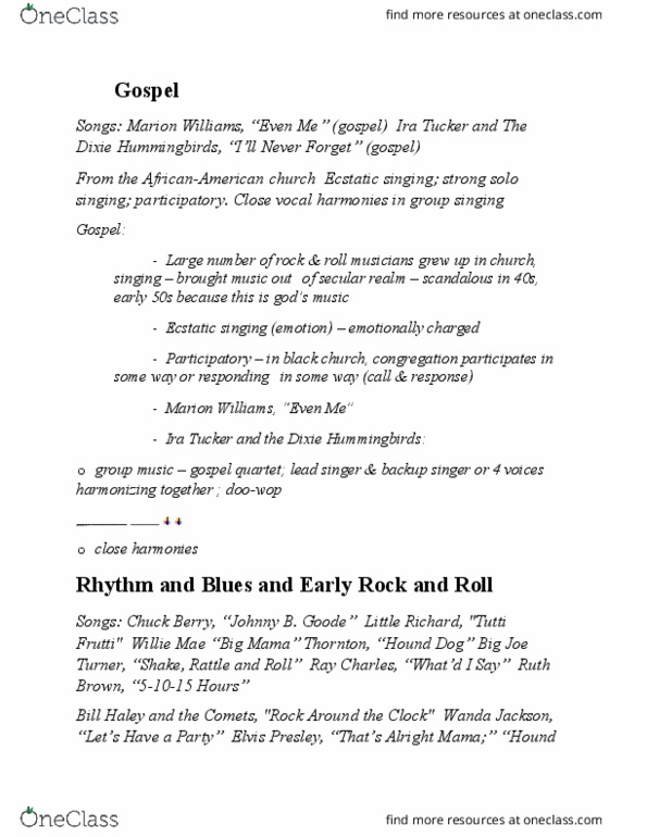 MUSIC 2II3 Lecture Notes - Lecture 6: The Dixie Hummingbirds, Big Mama Thornton, Big Joe Turner thumbnail