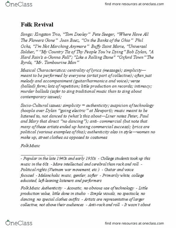 MUSIC 2II3 Lecture Notes - Lecture 17: Pete Seeger, Murder Ballads, Yorkville Village thumbnail