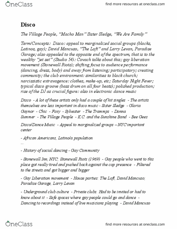 MUSIC 2II3 Lecture Notes - Lecture 33: Larry Levan, David Mancuso, Village People thumbnail