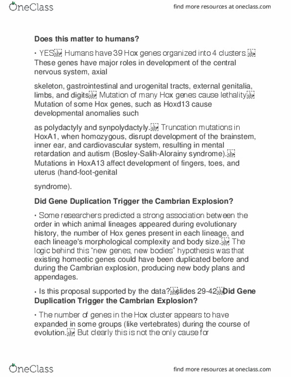 BIOLOGY 1M03 Lecture Notes - Lecture 27: Cambrian Explosion, Hoxd13, Axial Skeleton thumbnail