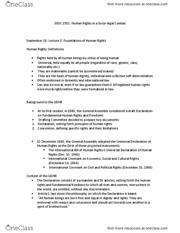SOSC 2351 Lecture Notes - Lecture 1: Universal Declaration Of Human Rights, Immanence, Human Rights Watch thumbnail