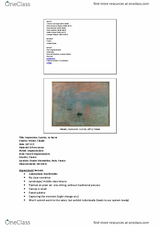 ARTH 206 Lecture Notes - Lecture 27: Henry Ossawa Tanner, Claude Monet, Henri Matisse thumbnail