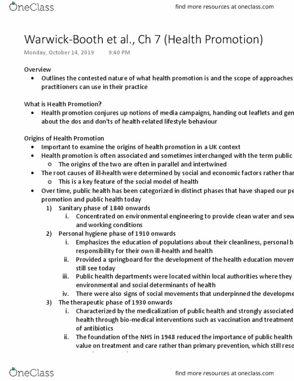 HLTA02H3 Chapter Notes - Chapter 7: Health Promotion, Environmental Engineering, Health Education thumbnail