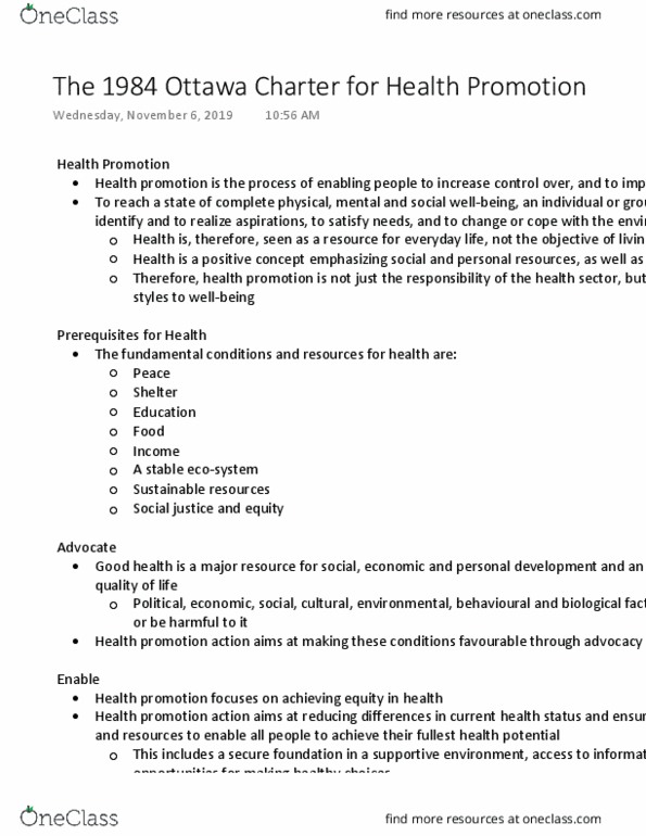 HLTA02H3 Chapter Notes - Chapter 7: Ottawa Charter For Health Promotion, Health Promotion, Resource Depletion thumbnail