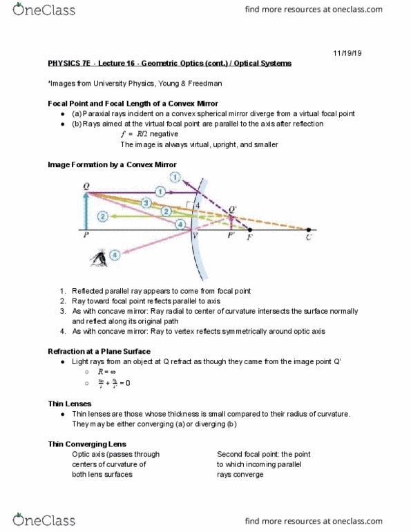 PHYSICS 7E Lecture Notes - Lecture 16: Curved Mirror, Thin Lens, Refraction thumbnail