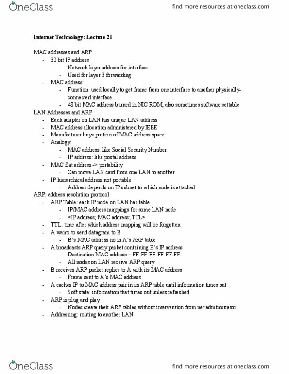 01:198:352 Lecture Notes - Lecture 21: Address Resolution Protocol, Social Security Number, Mac Address thumbnail