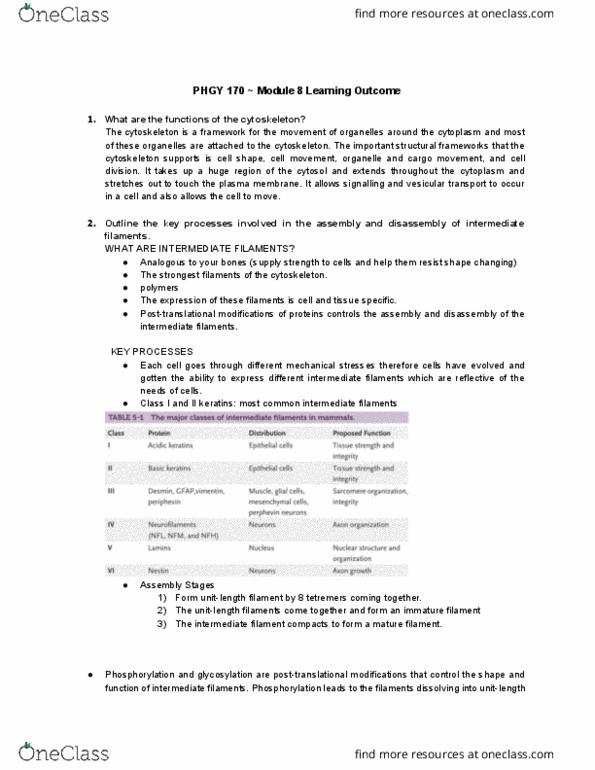 PHGY 170 Lecture Notes - Lecture 8: Intermediate Filament, Cytoskeleton, Cell Membrane thumbnail