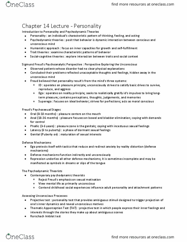 PSY 1305 Lecture Notes - Lecture 15: Rorschach Test, Thematic Apperception Test, Unconscious Mind thumbnail