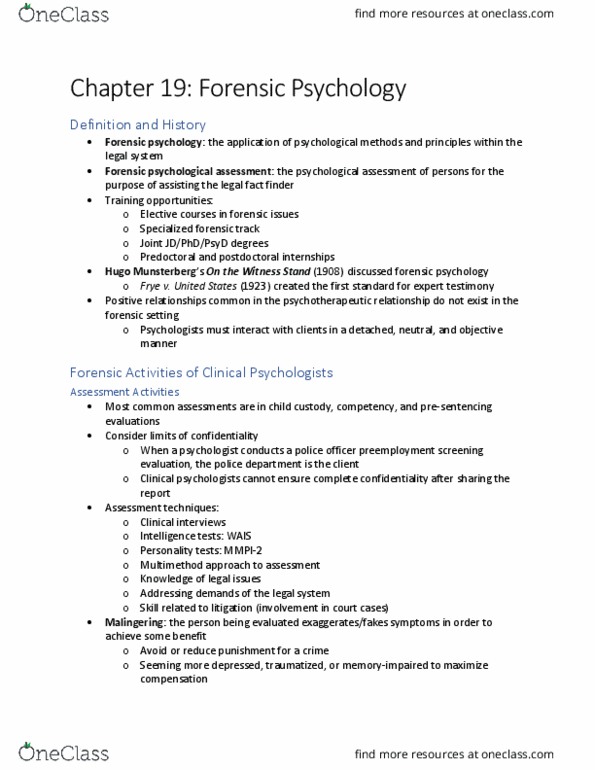 PSYC 3339 Chapter Notes - Chapter 19: Forensic Psychology, Malingering, Personality Test thumbnail