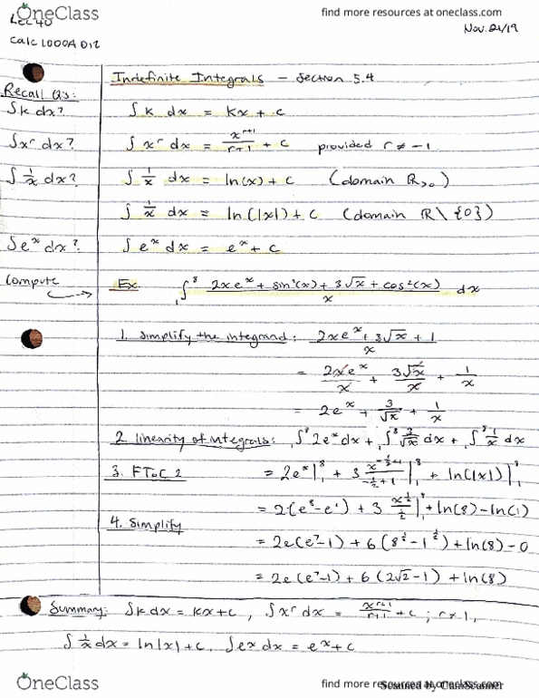 Calculus 1000A/B Lecture 45: Some indefinite integrals cover image