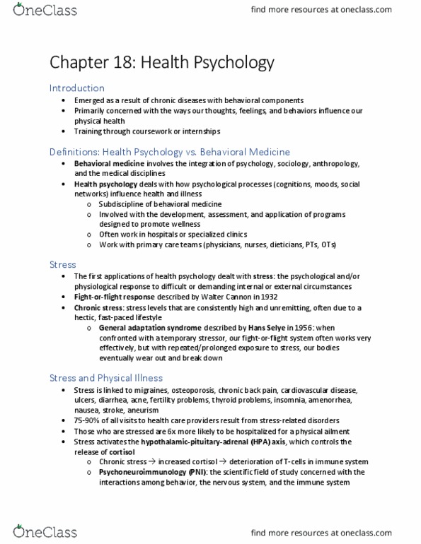 PSYC 3339 Chapter Notes - Chapter 18: Hans Selye, Walter Bradford Cannon, Behavioral Medicine thumbnail