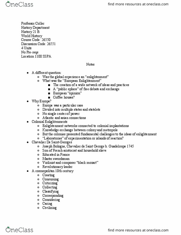 HISTORY 21B Lecture Notes - Lecture 13: James Francis Edward Stuart, Chevalier De Saint-Georges, Age Of Enlightenment thumbnail