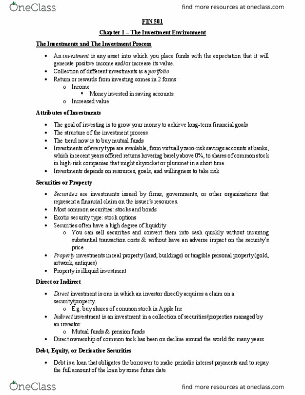 FIN 501 Chapter Notes - Chapter 1: Mutual Fund, Savings Account, Stock Trader thumbnail