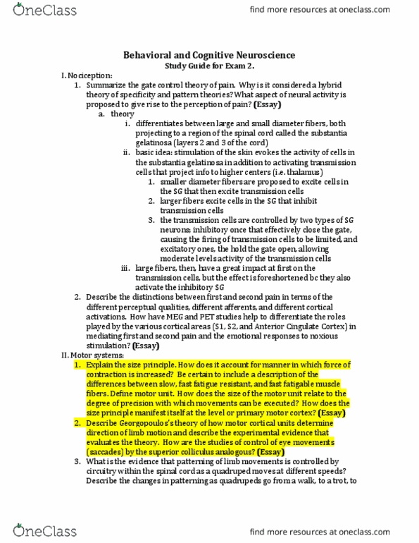 PSYC 101 Lecture Notes - Lecture 8: Substantia Gelatinosa Of Rolando, Superior Colliculus, Quadrupedalism thumbnail