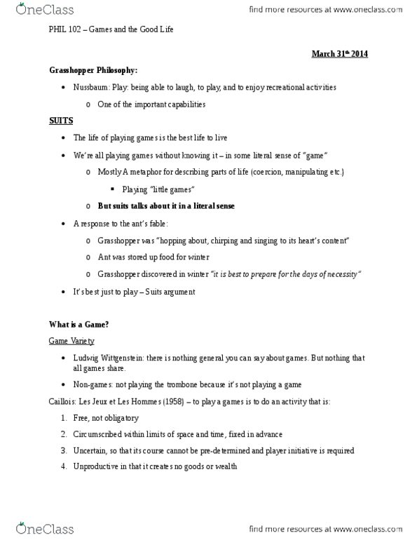 PHIL 102 Lecture Notes - Game Players, Ludwig Wittgenstein, Jeux thumbnail