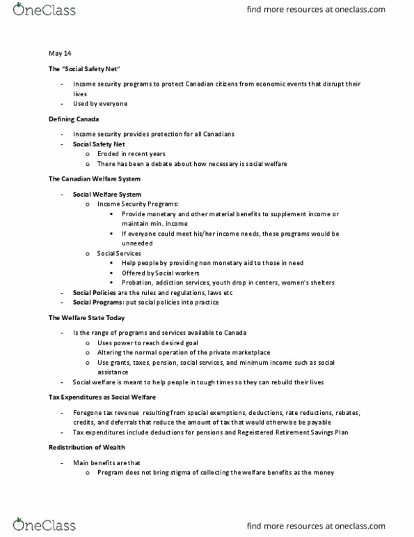 Social Work 1021A Chapter Notes - Chapter 1: Canada Health Transfer, Child Benefit, Old Age Security thumbnail