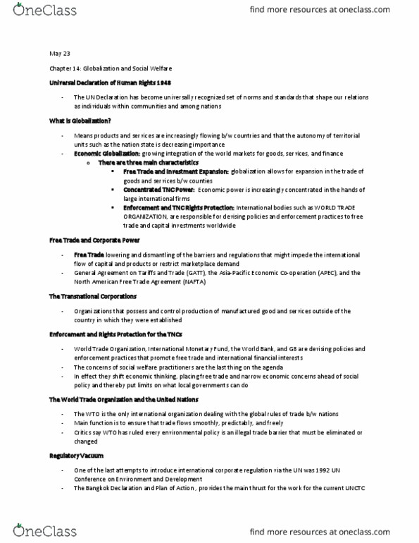 Social Work 1021A Chapter Notes - Chapter 14: North American Free Trade Agreement, Trade Barrier, World Trade Organization thumbnail