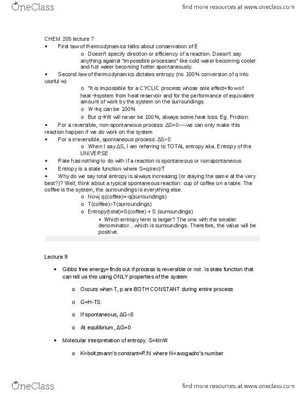 CHEM 205 Lecture Notes - Lecture 7: Thermal Reservoir, Spontaneous Process, Thermodynamic Cycle thumbnail