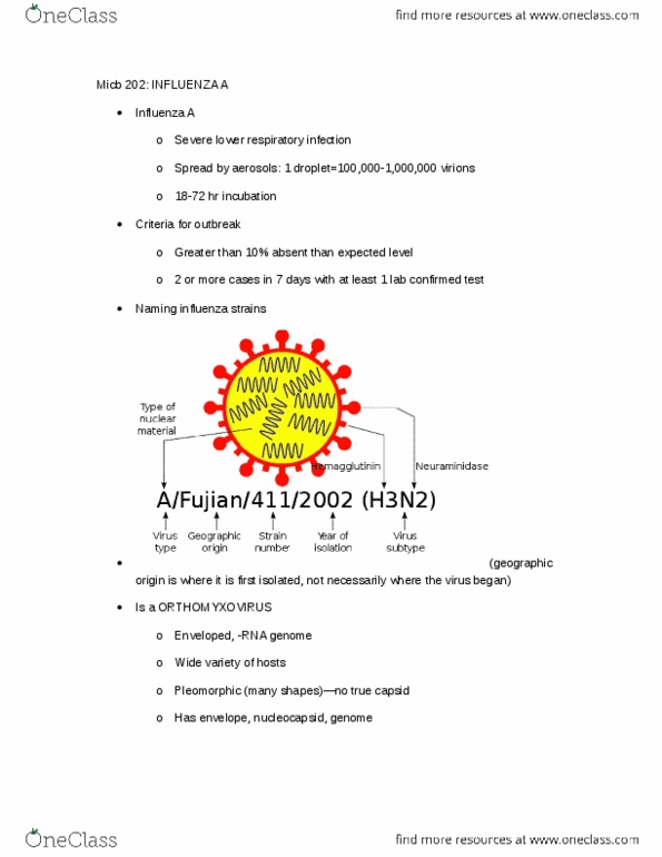 MICB 202 Lecture Notes - Rna-Dependent Rna Polymerase, Flu Season, Respiratory Tract Infection thumbnail