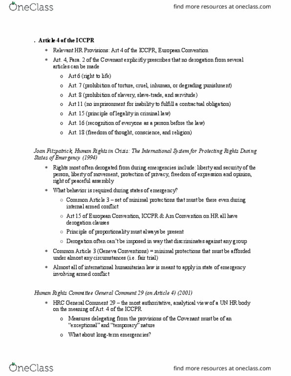 LAW 657 Lecture Notes - Lecture 19: United Nations Human Rights Committee, International Covenant On Civil And Political Rights, Derogation thumbnail