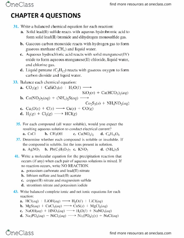 CHEM-101 Final: CHAPTER 4 QUESTIONS - OneClass