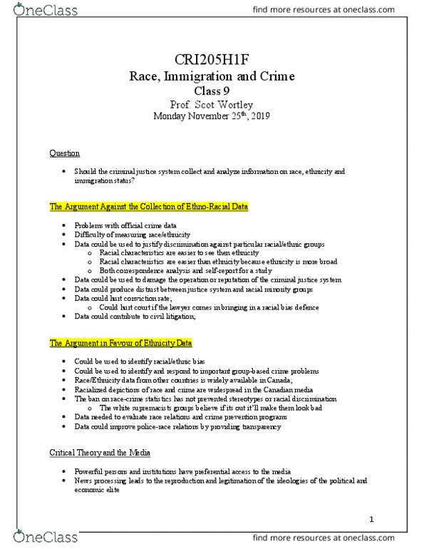 CRI205H1 Lecture Notes - Lecture 9: Correspondence Analysis, Jamaican Canadians, Toronto Police Service thumbnail