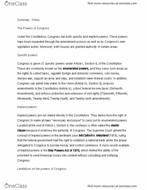 HST 3200 Lecture Notes - Lecture 8: Implied Powers, Enumerated Powers, United States Congress Joint Economic Committee thumbnail