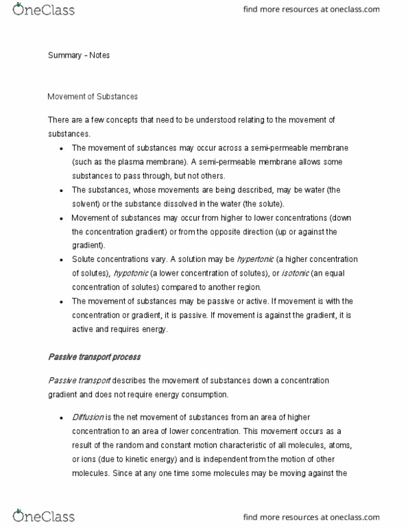 BIO 205 Lecture Notes - Lecture 8: Semipermeable Membrane, Passive Transport, Solution thumbnail