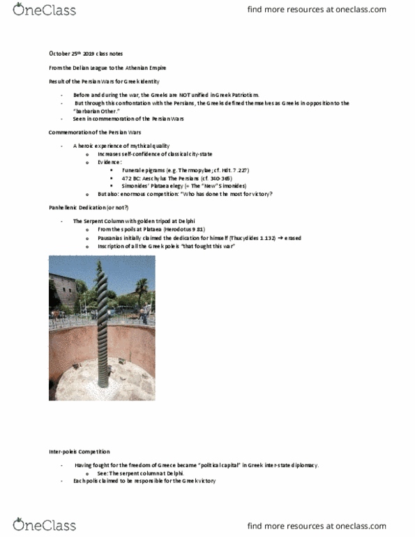 Classical Studies 1000 Lecture Notes - Lecture 20: Serpent Column, Delian League, Greco-Persian Wars thumbnail