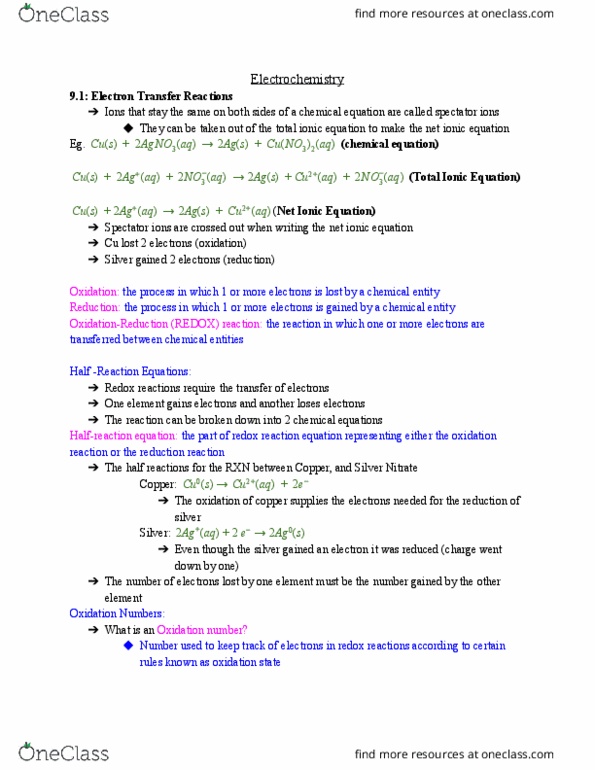 CHMI-1006EL Lecture Notes - Lecture 1: Redox, Chemical Equation, Spectator Ion thumbnail