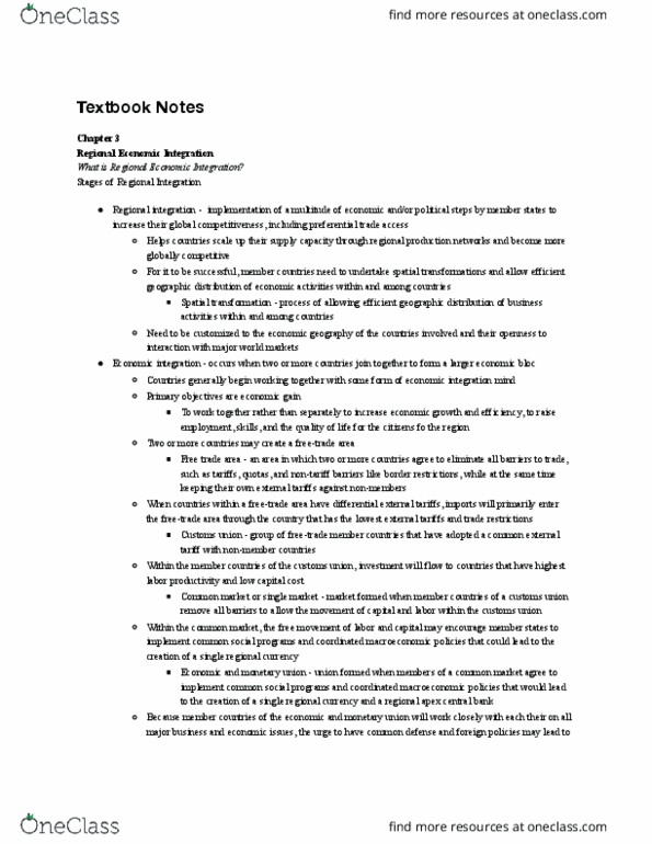 B A 310 Chapter Notes - Chapter 3: Common External Tariff, Trade Bloc, Free-Trade Area thumbnail