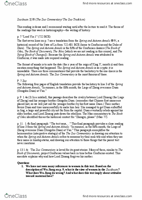CHN 305 Lecture Notes - Lecture 2: Jiang Wu, Zuo Zhuan, Filial Piety thumbnail