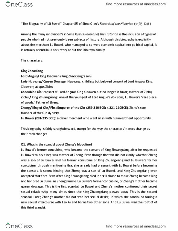 CHN 305 Lecture Notes - Lecture 1: King Zhuangxiang Of Qin, King Xiaowen Of Qin, King Zhaoxiang Of Qin thumbnail