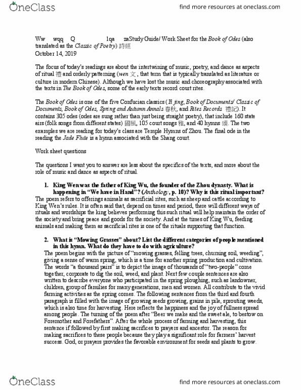 CHN 305 Lecture Notes - Lecture 9: King Wen Of Zhou, I Ching thumbnail
