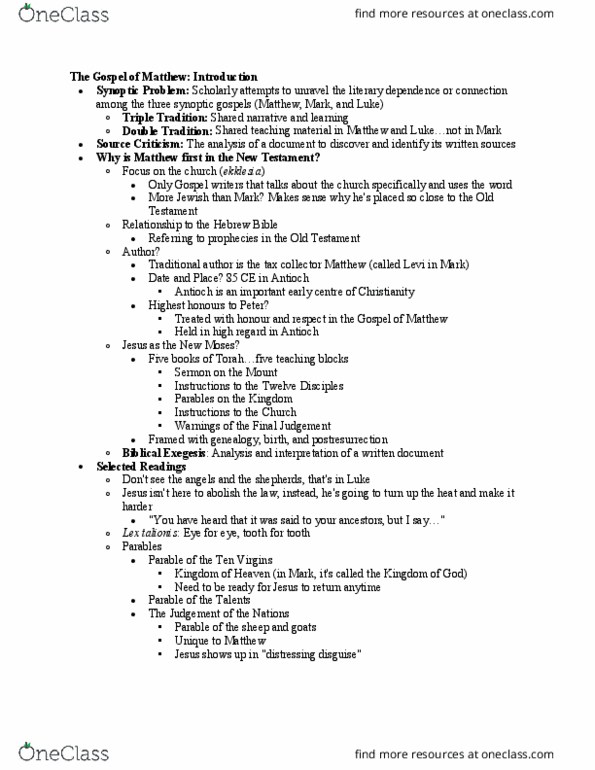 CHRTC 100 Lecture Notes - Lecture 22: Synoptic Gospels, Eye For An Eye thumbnail