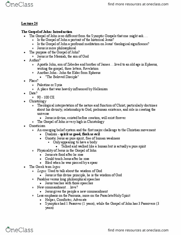 CHRTC 100 Lecture Notes - Lecture 24: Disciple Whom Jesus Loved, Zebedee, Gnosticism thumbnail