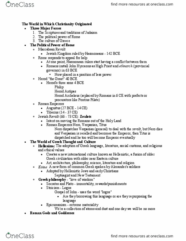 CHRTC 100 Lecture Notes - Lecture 19: Herod Archelaus, John Hyrcanus, Hellenistic Judaism thumbnail