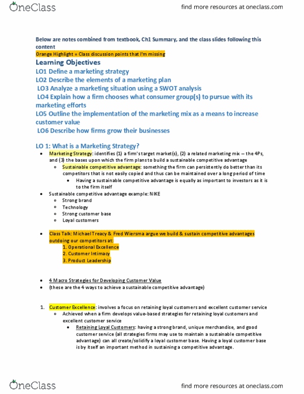 Management and Organizational Studies 2320A/B Chapter Notes - Chapter 2: Competitive Advantage, Swot Analysis, Marketing Mix thumbnail