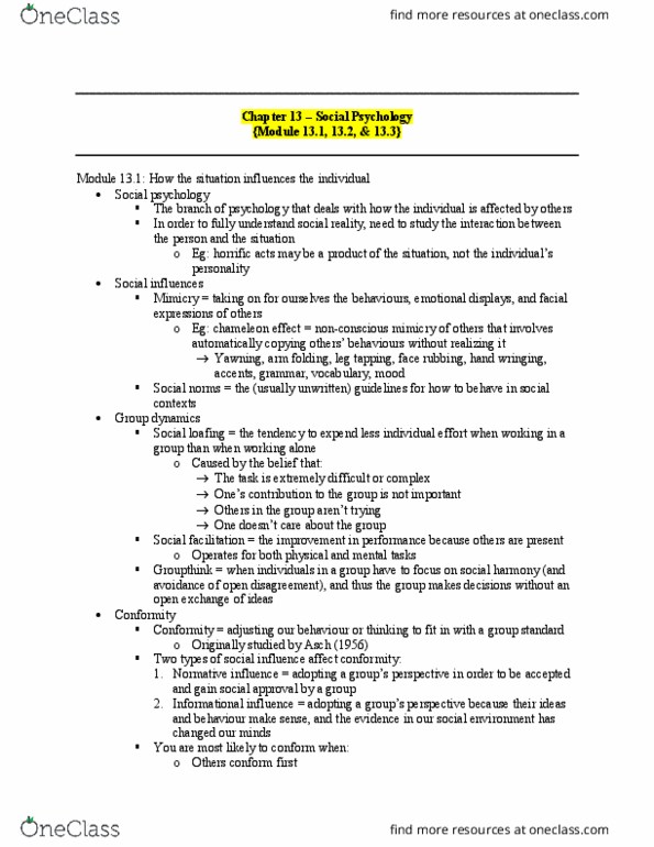 PSYC 1000 Lecture Notes - Lecture 8: Social Loafing, Chameleon, Normative Social Influence thumbnail